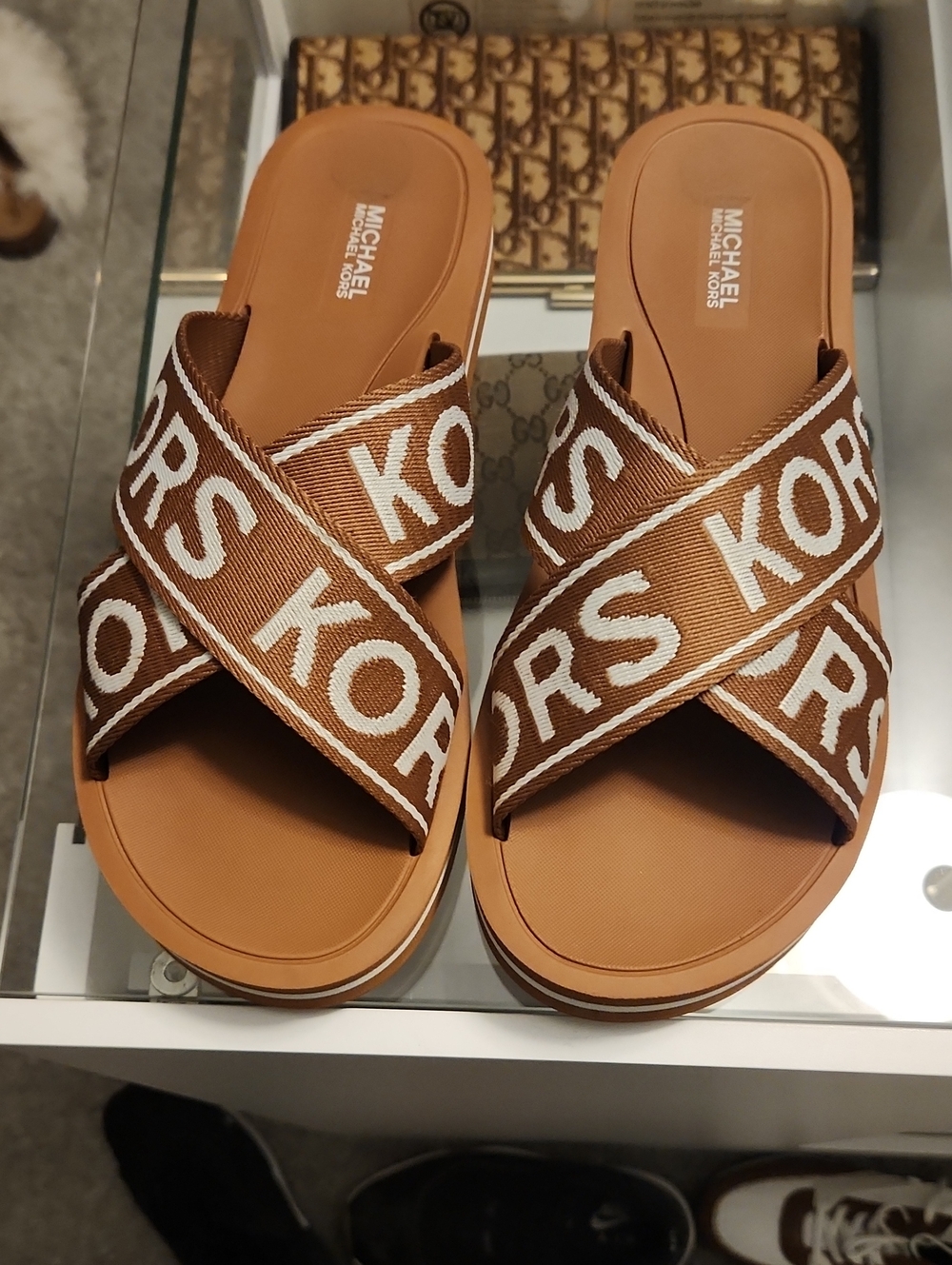 Michael Kors Brown Logo Crisscross Slide Sandals